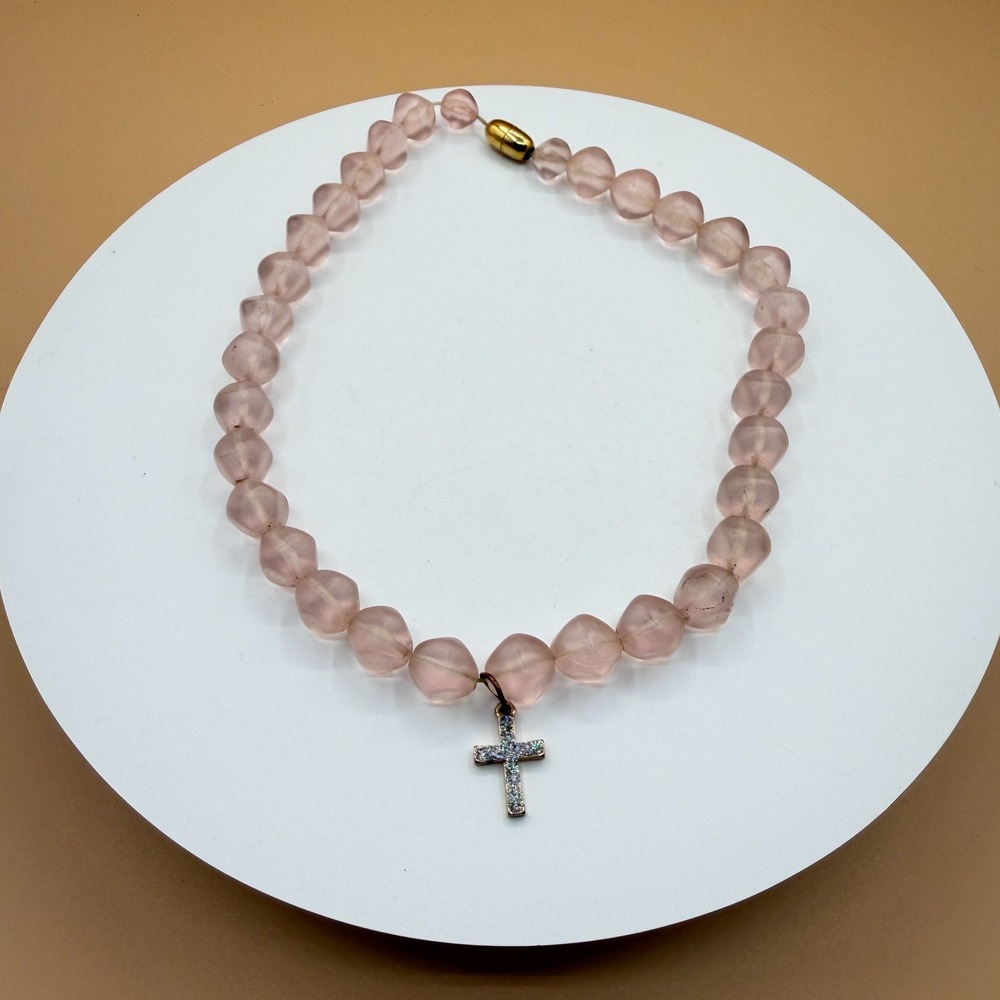 Pink Frosted Bead Cross Pendant Necklace Magnetic Clasp Christian Statement Y2K